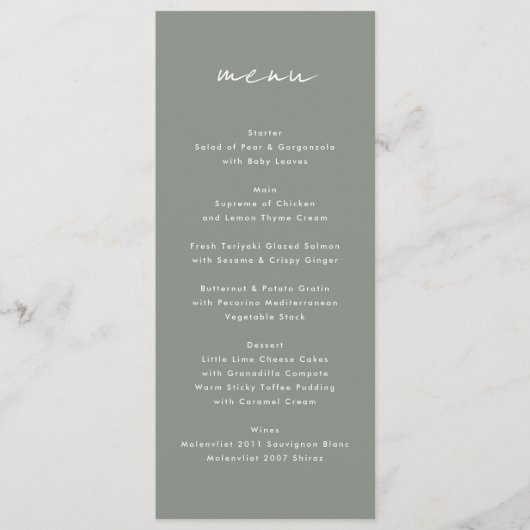 Moderne aangepaste namen Sage Groen Wit Bruiloft S Menu (Voorkant)