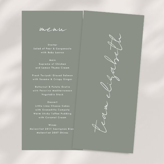 Moderne aangepaste namen Sage Groen Wit Bruiloft S Menu
