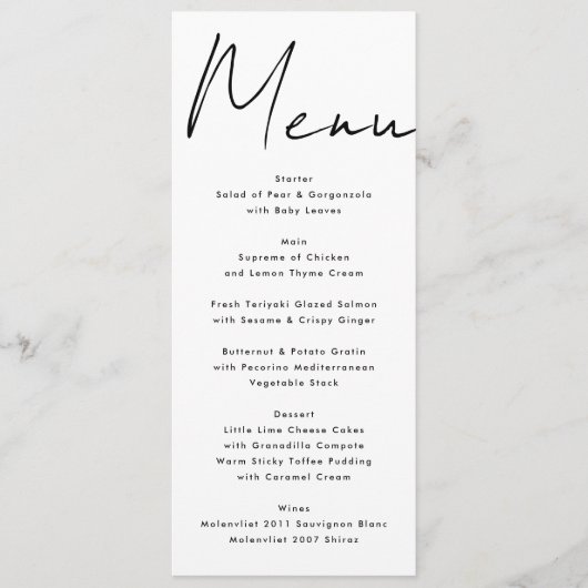 Moderne aangepaste namen zwart-wit menu (Voorkant)