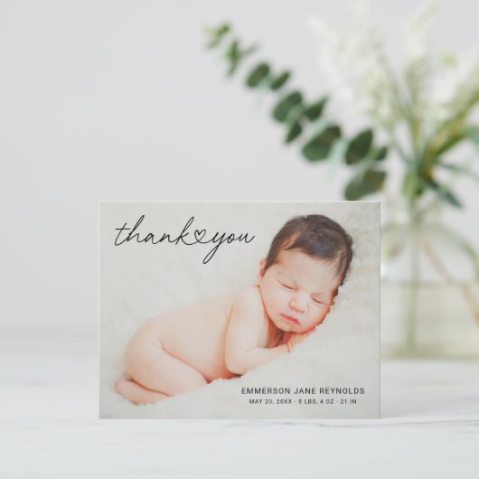 Moderne aangepaste pasgeboren Baby-fotohartscript Bedankkaart (Staand voorkant)