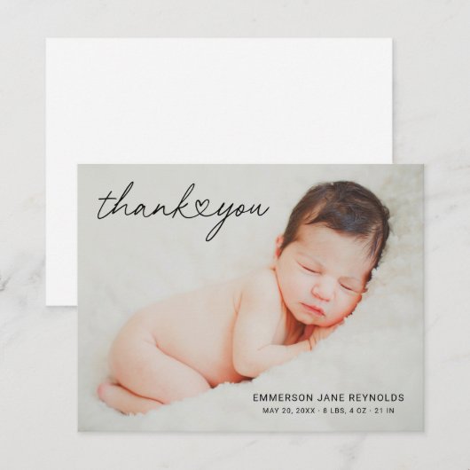 Moderne aangepaste pasgeboren Baby-fotohartscript Bedankkaart (Voorkant / Achterkant)