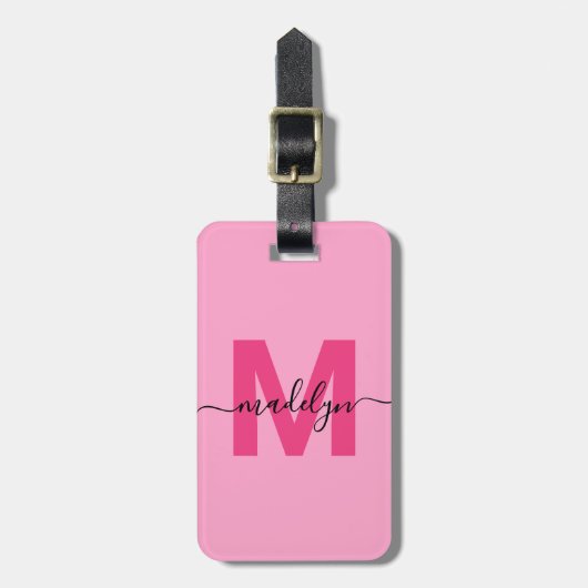 Moderne aangepaste roze monogram bagagelabel (Voorkant verticaal)
