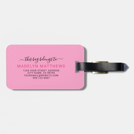 Moderne aangepaste roze monogram bagagelabel (Achterkant horizontaal)