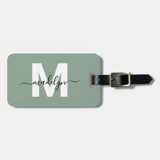 Moderne Aangepaste Sage Groene Monogram Naam Bagagelabel (Voorkant horizontaal)