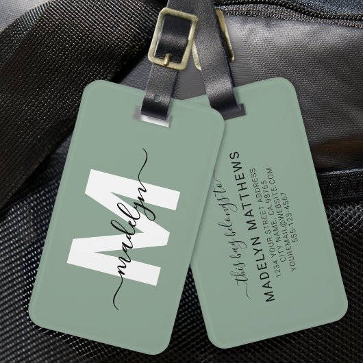 Moderne Aangepaste Saliegroene Monogramnaam Bagagelabel
