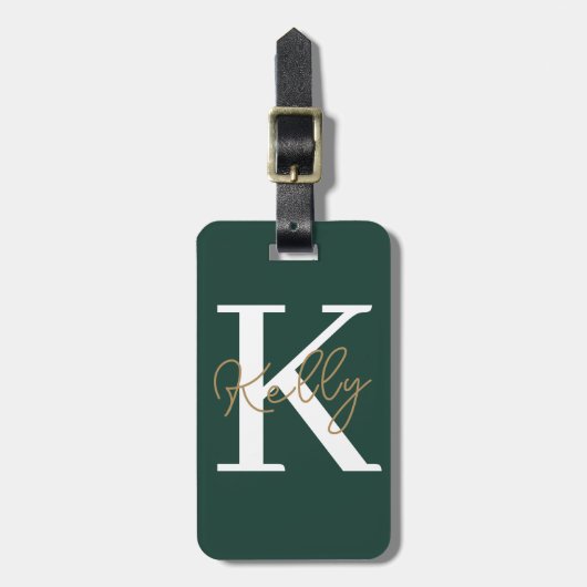 Moderne aangepaste smaragd groen monogram script bagagelabel (Voorkant verticaal)