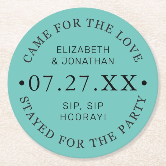 Moderne aangepaste trouwkleuren trouwdatum ronde kartonnen onderzetter (Voorkant)