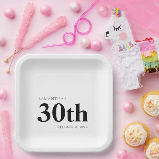 Moderne Aangepaste Vet Zwart Tekst 30e Naam Datum Papieren Bordje (Feest)