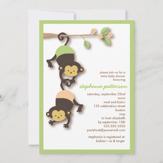 Moderne aap tweelingen Neutrale Baby shower uitnod Kaart (Voorkant)