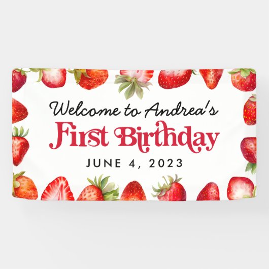Moderne aardbei Kinder Eerste Verjaardag Welkom Spandoek (Horizontaal)