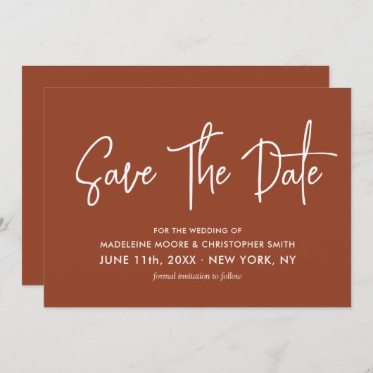 Moderne Aarde Terracotta Calligrafie Scan QR Code Save The Date (Voorkant / Achterkant)