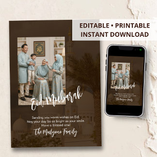 Moderne Aardetone Moskee Familie Foto Eid Mubarak Feestdagenkaart