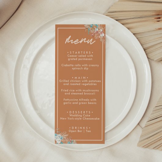 Moderne aardse boho bloemige bruiloft menu