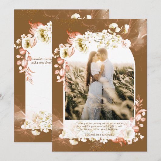 Moderne Aardse Bruine Koraal Bloemige FOTO DANK JE Bedankkaart (Voorkant / Achterkant)