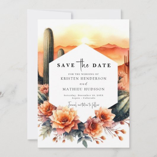 Moderne aardse cactus bruiloft save the date (Voorkant)