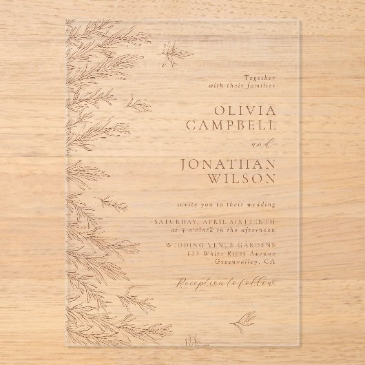 Moderne aardse Terracotta Boho verlaat bruiloft Acryl Uitnodigingen (Voorkant)