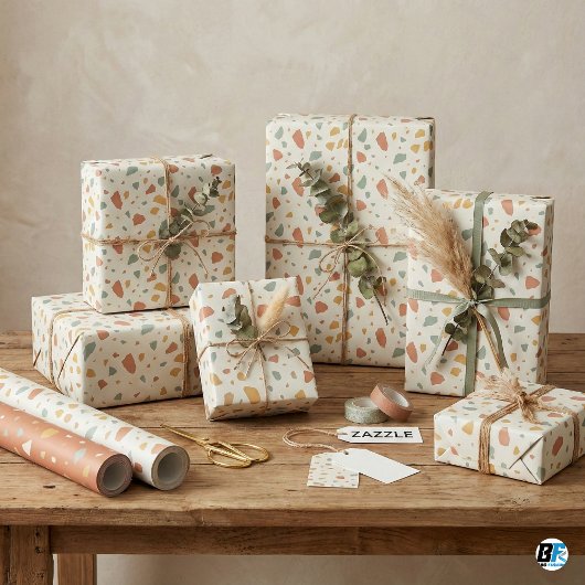 Moderne Aardse Terrazzo | Saliegroen Terracotta Cadeaupapier