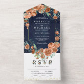 Moderne Aardse Verbrande Oranje Bloemige Navy Brui All In One Uitnodiging (Binnen)