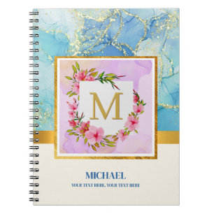 Moderne Abstract Blauw Vloeibaar Goud Folie Monogr Notitieboek