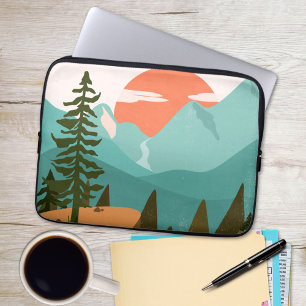 Moderne Abstract Bos, Bergen en Zonsopgang Laptop Sleeve