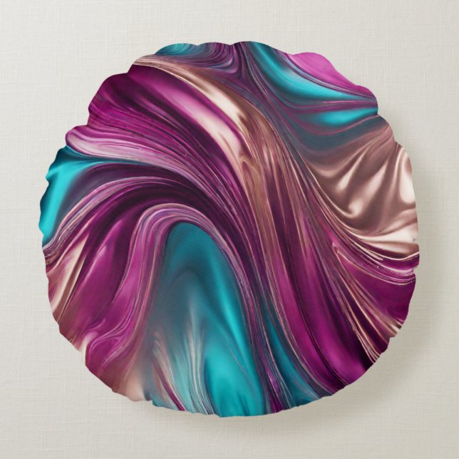 Moderne Abstract-Fluid Art-Magenta Turquoise Goud- Rond Kussen (Voorkant)