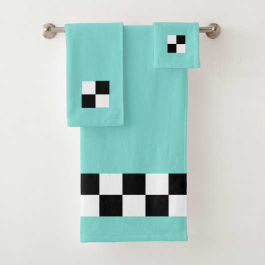 Moderne Abstract Zwart & Wit Geruit op Teal Bad Handdoek (Insitu)