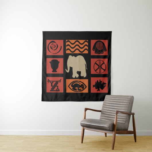 Moderne abstracte Afrikaanse symbool- en olifanten Wandkleed (In situ)