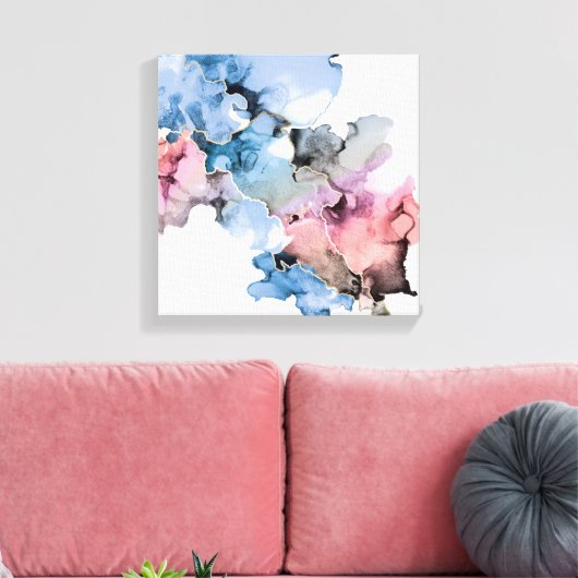 Moderne Abstracte alcohol Inkt blauw roze goud Canvas Afdruk (Insitu (Woonkamer))
