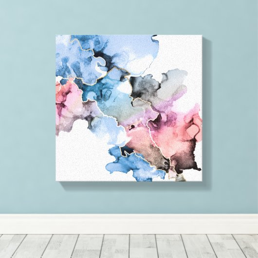 Moderne Abstracte alcohol Inkt blauw roze goud Canvas Afdruk (Insitu (Houten vloer))