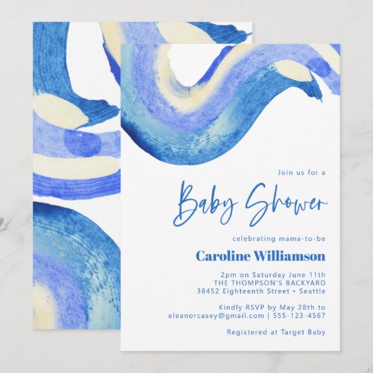 Moderne Abstracte Art Blue Waterverf Baby shower Kaart (Voorkant / Achterkant)
