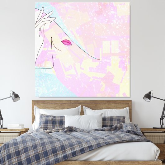 Moderne Abstracte Art Vrouw Face Hand Line Art Roz Canvas Afdruk (Insitu (Slaapkamer))