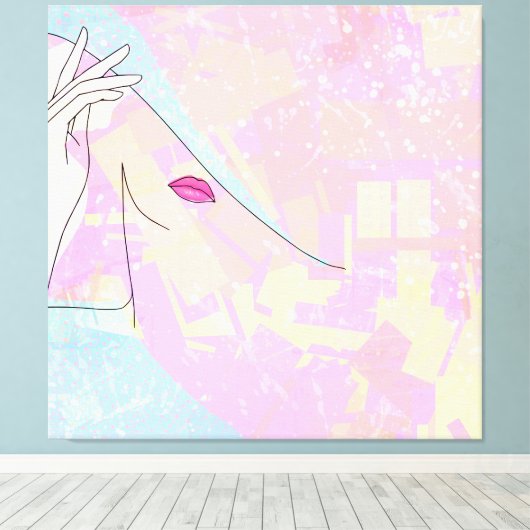 Moderne Abstracte Art Vrouw Face Hand Line Art Roz Canvas Afdruk (Insitu (Houten vloer))