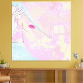 Moderne Abstracte Art Vrouw Face Hand Line Art Roz Canvas Afdruk (Insitu (Woonkamer))
