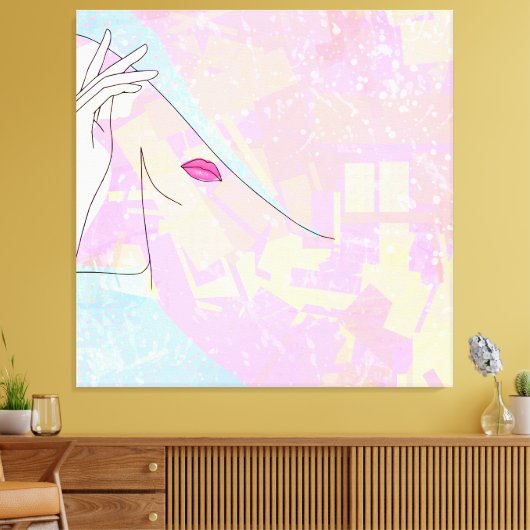 Moderne Abstracte Art Vrouw Face Hand Line Art Roz Canvas Afdruk (Insitu (Woonkamer))