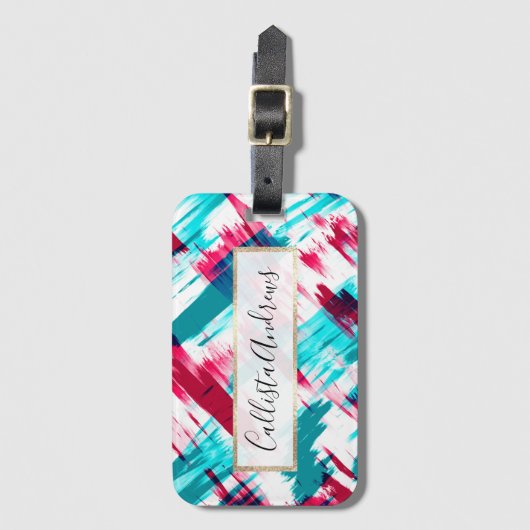 Moderne Abstracte Artsy Roze Blauwgroen penseelstr Bagagelabel (Voorkant (verticaal))