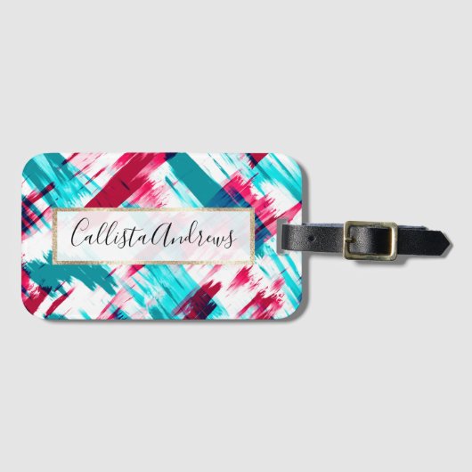 Moderne Abstracte Artsy Roze Blauwgroen penseelstr Bagagelabel (Voorkant (horizontaal))