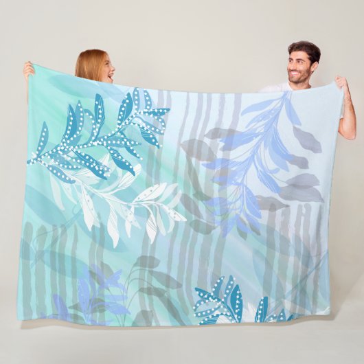 Moderne abstracte blauwe botanische blad fleece deken (In situ)