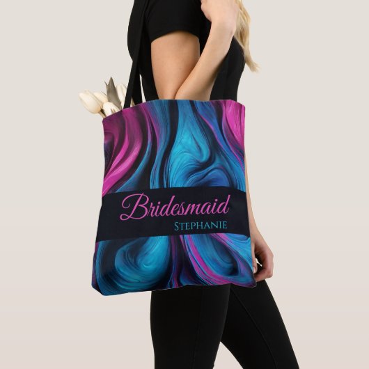 Moderne Abstracte Blauwe en Roze Bruidsmeisjes- Tote Bag (Dichtbij)