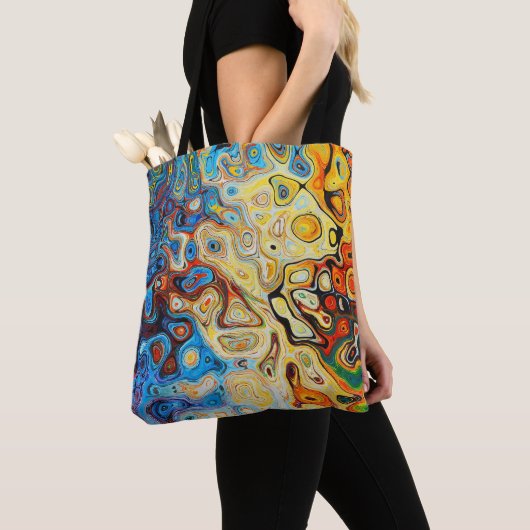Moderne Abstracte blauwe gele kunst Tote Bag (Dichtbij)