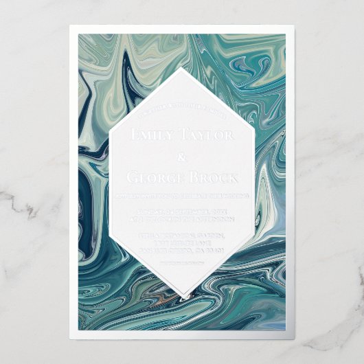 Moderne Abstracte blauwe golven Minimale bruiloft Folie Uitnodiging (Voorkant)