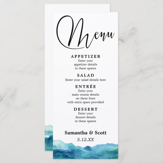 Moderne Abstracte blauwe groene Aqua-Waterverf Menu (Voorkant / Achterkant)