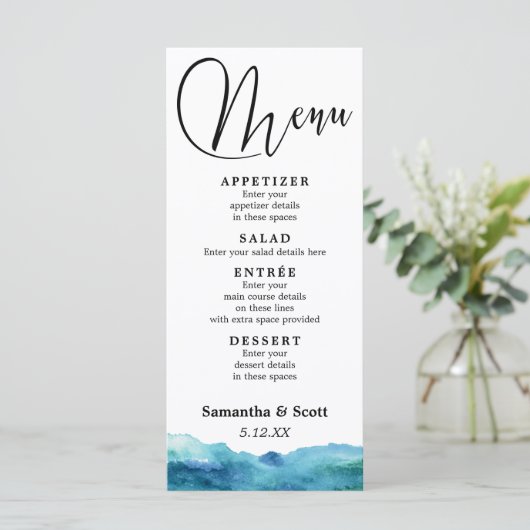 Moderne Abstracte blauwe groene Aqua-Waterverf Menu (Staand voorkant)