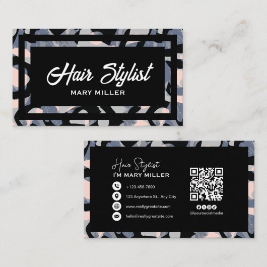Moderne Abstracte Blauwe & Roze QR-code voor Haars Visitekaartje (Voorkant / Achterkant)