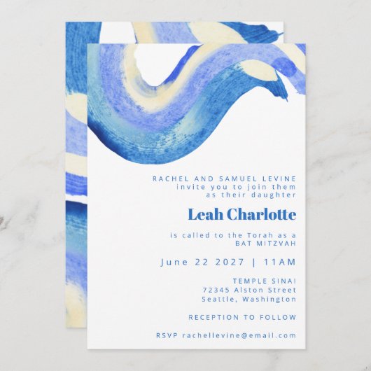 Moderne Abstracte blauwe Waterverf bat Bar Mitzvah Kaart (Voorkant / Achterkant)