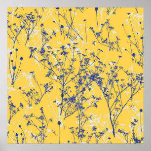 Moderne Abstracte blauwe wilde bloemen op mosterdg Poster