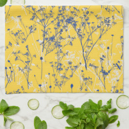 Moderne Abstracte blauwe wilde bloemen op mosterdg Theedoek