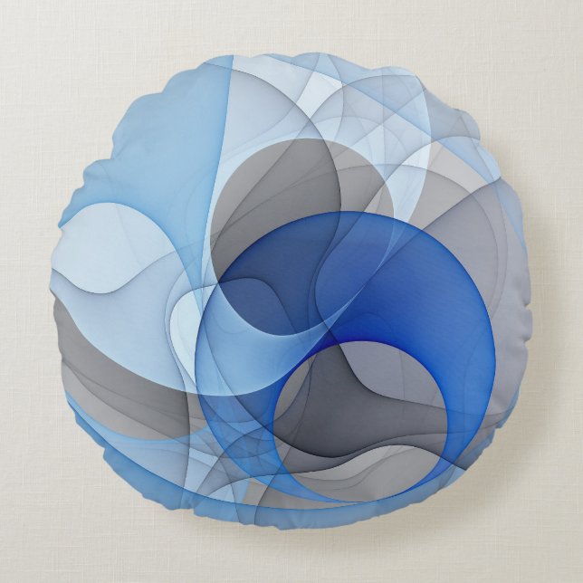 Moderne Abstracte Blauwgrijze Fractale Kunst Grafi Rond Kussen (Voorkant)
