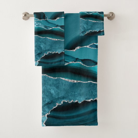 Moderne Abstracte Blauwgroen Blauwe Agaat Zilveren Bad Handdoek (Insitu)