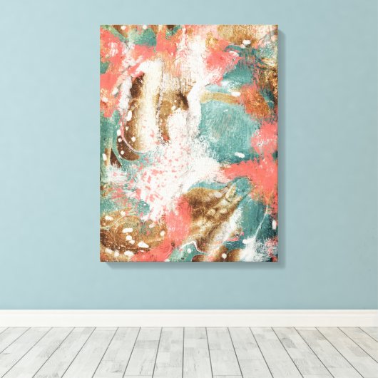 Moderne Abstracte, Blauwgroen Corale Gold White Ar Canvas Afdruk (Insitu (Houten vloer))