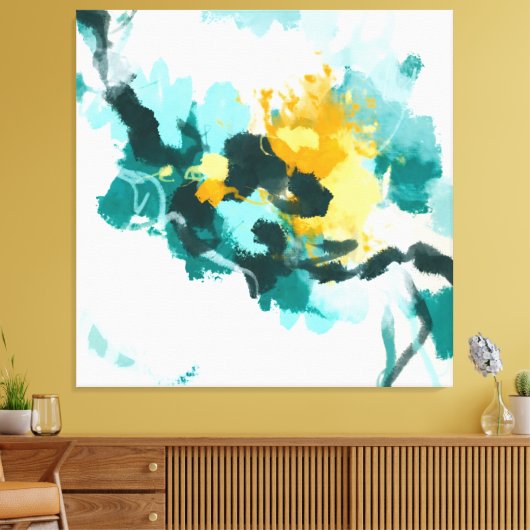 Moderne Abstracte Blauwgroen en gele vormgeving Canvas Afdruk (Insitu (Woonkamer))